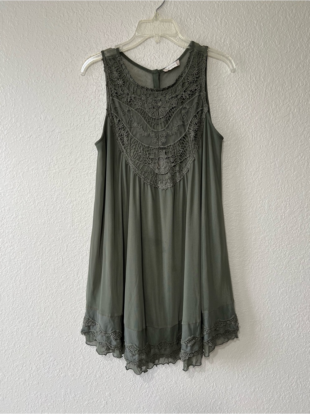 Altar'd State Size Med Olive Lace Crochet Sleeveless Tunic Dress Sheer Back